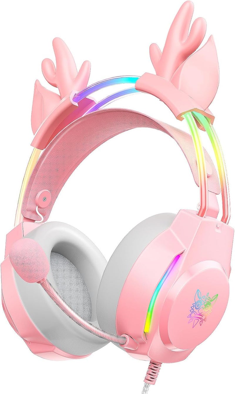 ONITOON Gaming Headset with Microphone, Deer Ears Headphones for PC Laptop PS4 PS5 Xbox Switch, Rainbow RGB Lighting & Virtual Surround Sound, 3.5mm Over Ear Headphones, Ergonomic - Image 1